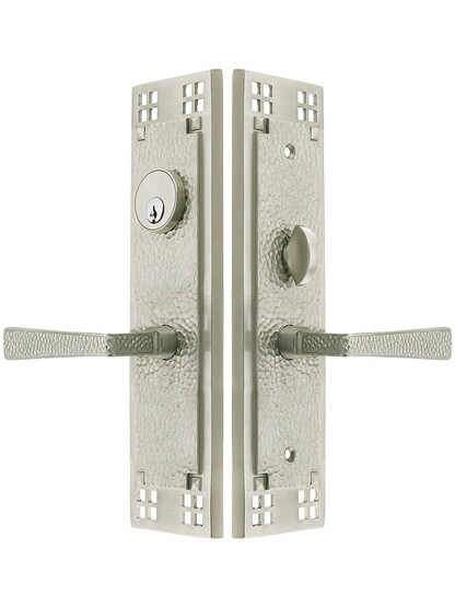 Craftsman F20 Function Mortise Lock Entryset in Satin Nickel with Left Hand Hammered Levers, and Stop/Release Buttons.